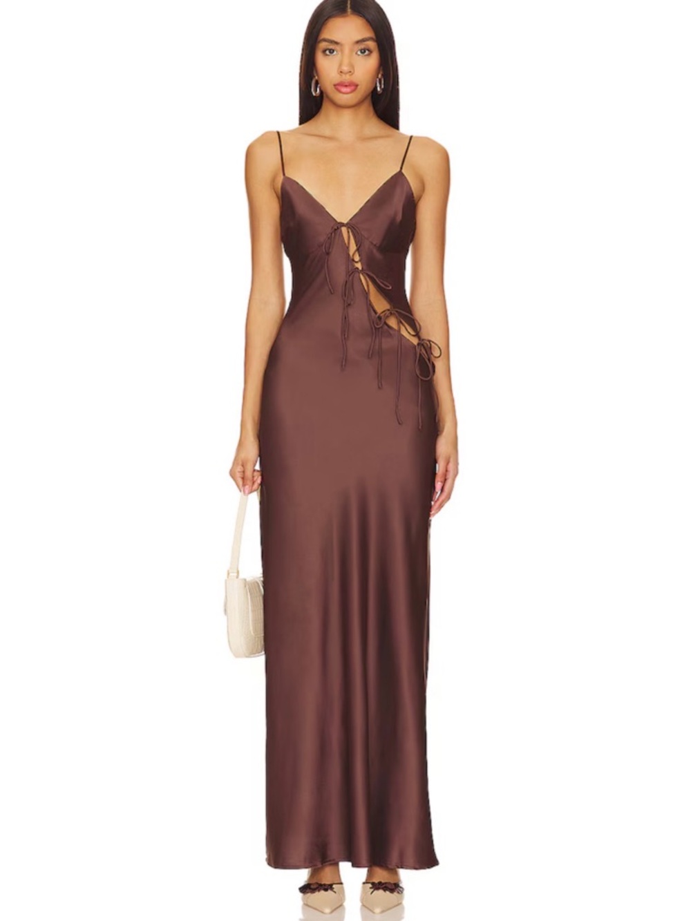 Lioness Brown Satin Lace-Up Slip Dress Size L